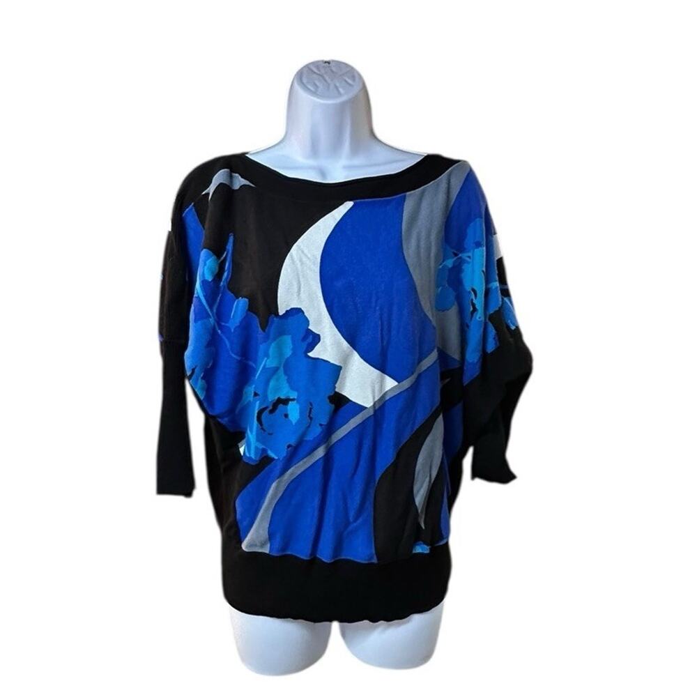 Cache Blue Black Abstract Floral Dolman Top Banded Hem Blouson Y2K Sz M READ